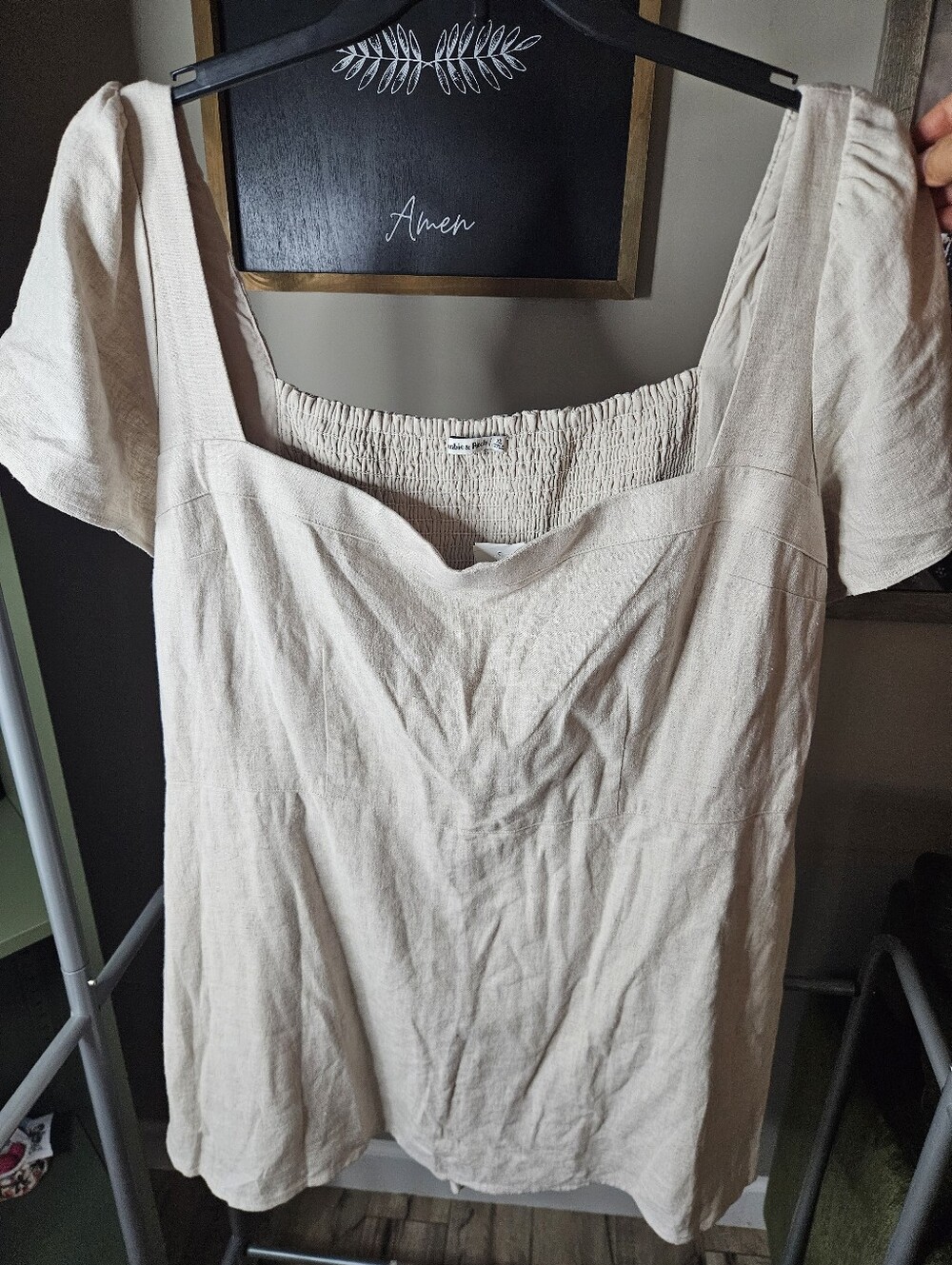 NWT Abercrombie & Fitch Short Sleeve Mini Dress Linen Blend Romper Beige Size XL
